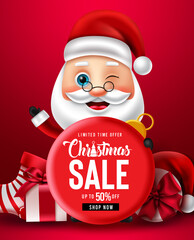 Christmas santa claus sale vector poster design. Christmas sale text in badge element with limited time offer up to 50% off promo discount for xmas business promotion. Vector illustration. 
