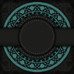 Invitation template with space for your text and abstract patterns. Luxurious vector postcard design in black color with blue greek patterns.