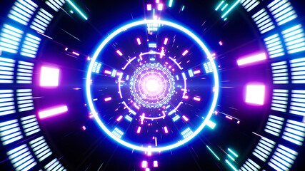 Flying into the Neon Circle light Technology Portal Effect