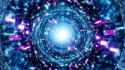 Flying Neon Particles in the Froze Cave Tunnel