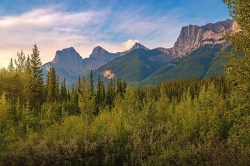 Sunrise Glow Over Canmore Mountains And Trees