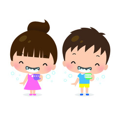 Illustration of a girl and a boy gargling