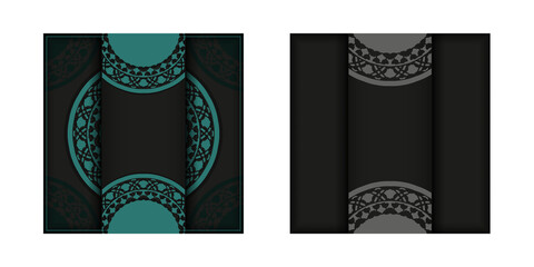Invitation card design with space for your text and abstract ornament. Luxurious Design of a postcard in black with blue Greek patterns.