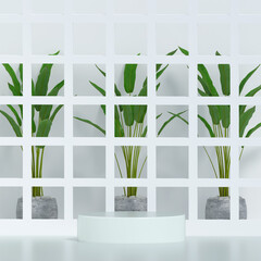 3d podium mockup background with tropical plant