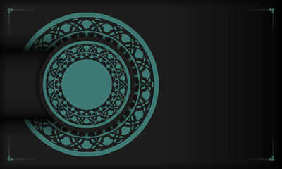 Black banner with Greek blue ornaments and place for your text and logo. Postcard design with abstract patterns.