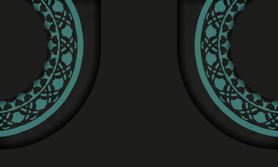 Black background with greek blue vintage ornaments and place for your logo. Template for postcard print design with abstract ornament.