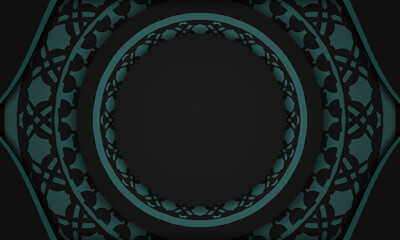 Black vector background with greek blue ornaments and place for your logo. Postcard design with abstract ornament.