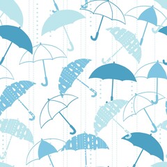 Seamless Pattern with Blue Rain and Umbrella Vector Graphic Illustration