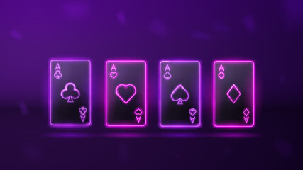 Neon sign of playing aces cards. Bright neon sign, billboard, banner. Vector illustration.