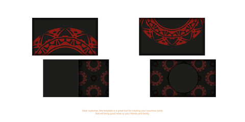Template for print design of business cards in black with red Greek ornament. Vector Business card preparation with place for your text and abstract patterns.