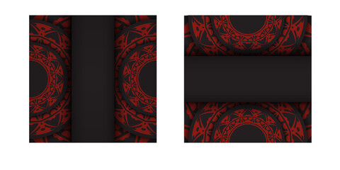 Template for print design business cards in black with red Greek patterns. Vector Business card preparation with place for your text and abstract ornament.