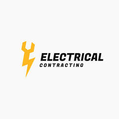 Electrical Contracting logo design. Combination of Lightning symbol with Open end Wrench, for Electrician, Repairman, Electric Technician, Electrical Service Business logo design