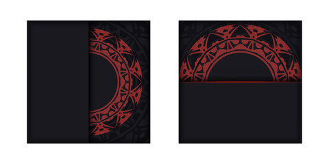 Preparation of a business card with a place for your text and abstract patterns. Vector design of a business card in black with a red Greek ornament.