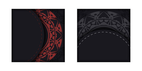 Stylish business cards with place for your text and abstract patterns. Vector Ready-to-print black business card design with red greek patterns.