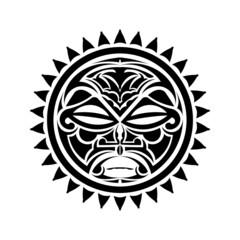 Round tattoo ornament with sun face maori style. African, aztecs or mayan ethnic mask.