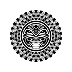 Tattoo ornament with sun face maori style. African, aztecs or mayan ethnic mask.