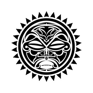 Round tattoo ornament with sun face maori style. African, aztecs or mayan ethnic mask.