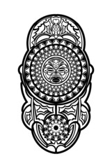 Fototapeta premium Polynesian Maori face tattoo vector pattern, Hawaiian man or woman tribal design. Hawaiian geometric face black and white - ethnic background
