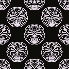 Vector seamless pattern Hawaiian tiki masks. Idols heads, maya antique culture, traditional indigenous symbols, ancient maori gods.