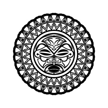 Tattoo ornament with sun face maori style. African, aztecs or mayan ethnic mask.