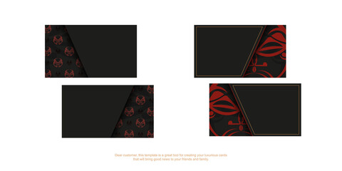 Black business card design with mask of the gods patterns. Stylish business cards with a place for your text and a face in a polizenian style ornament.
