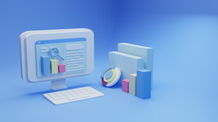 3D render search engine optimization illustration with blue background