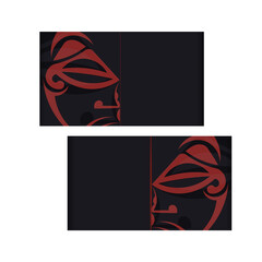 Black business card design with mask of the gods patterns. Vector business cards with a place for your text and a face in a polizenian style ornament.