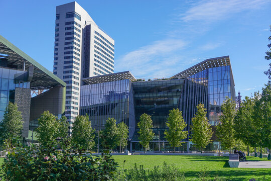 Roosevelt Island, New York, USA - September 27, 2018:  The Tata Innovation Center building, a co-working space.