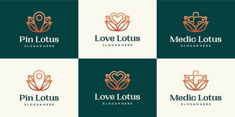 Set of lotus logo combine with love, medic, and pin location