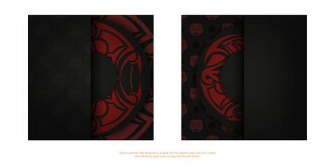 Ready-to-print postcard design in black with mask of the gods patterns. Vector Template of invitation with a place for your text and a face in a polizenian style ornament.