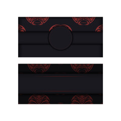 Design of a postcard in black with a mask of the gods patterns. Vector invitation card with a place for your text and a face in a polizenian style ornament.