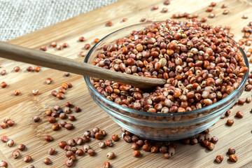red sorghum (Sorghum bicolor) seeds on a wooden background. Photo produced in a studio