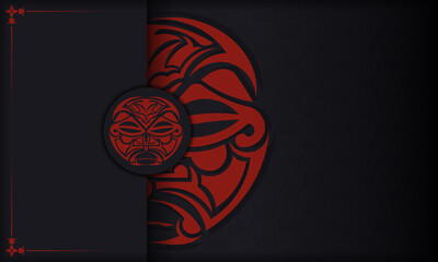 Design of a postcard with a face in a polizenian style ornamentation. Black vector background with mask of the gods ornaments and place for your logo.