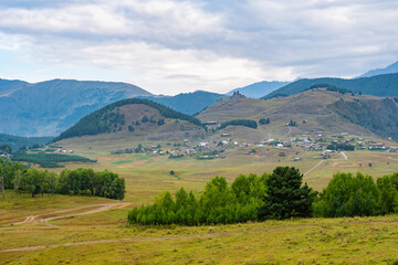 Panoramic view to Omalo mountain village in Tusheti nature reserve. Georgia