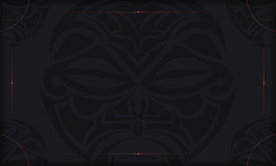 Black banner with mask of the gods ornaments and place under your text. Print-ready postcard design with a polisenian style face ornaments.