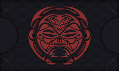 Black banner with mask of the gods ornaments and place for your logo. Template for a printable design of a postcard with a face in a polizenian style ornaments.