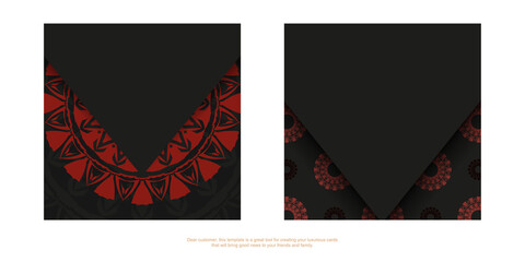 Luxurious Ready-to-print postcard design in black with red greek ornaments. Invitation template with space for your text and abstract patterns.