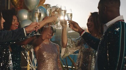 rooftop party friends celebrating making toast to glamorous event drinking champagne wearing stylish fashion at formal social gathering enjoying dance celebration 4k