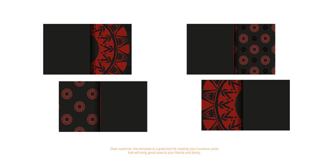 Vector business card preparation with place for your text and vintage ornament. Black business card design with Greek red patterns.