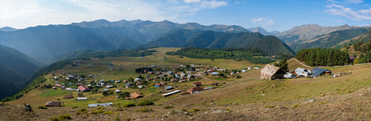 Fototapeta na wymiar Panoramic view to Omalo mountain village in Tusheti nature reserve. Georgia