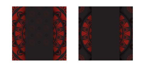 Luxurious Ready-to-print postcard design in black with red Greek patterns. Vector Invitation card template with place for your text and abstract ornament.