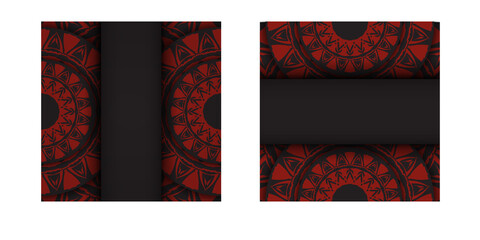 Luxurious Template for print design postcards in black color with red Greek patterns. Vector Preparation of invitation card with place for your text and abstract ornament.