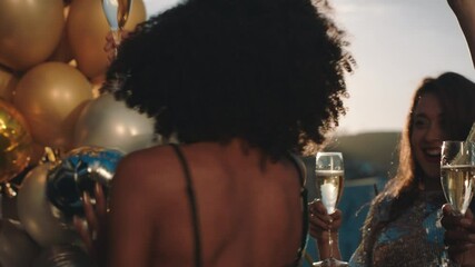 rooftop party friends celebrating making toast to glamorous event drinking champagne wearing stylish fashion at formal social gathering enjoying dance celebration 4k