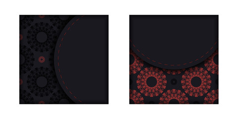 Postcard design with abstract patterns. Black banner with Greek red ornaments and place for your text and logo.