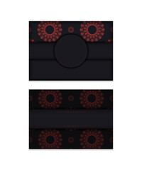 Template for postcard print design with abstract patterns. Black banner template with Greek red ornaments and place for your logo and text.