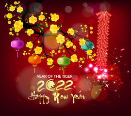 Chinese new year 2022 year of the tiger red and gold flower.