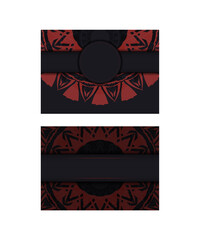 Template for postcard print design with abstract patterns. Black banner template with Greek red ornaments and place for your logo and text.