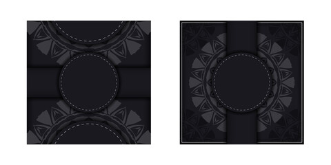 Postcard design with abstract ornament. Black vector background with greek red ornaments and place for your logo.