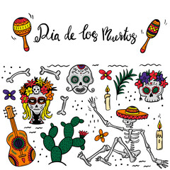 social media post square cards with sugar skulls for Mexican national holiday Day of the dead. Festive banner templates for Dia de los muertos . Vector flat illustration.