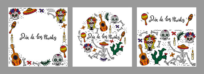 set social media post square cards with sugar skulls for Mexican national holiday Day of the dead. Festive banner templates for Dia de los muertos . Vector flat illustration.